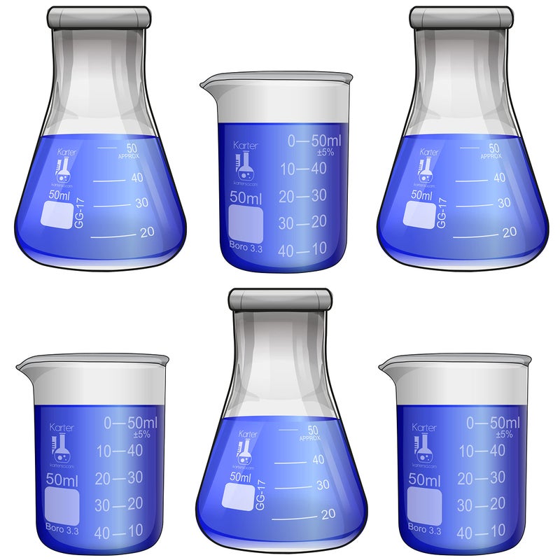 Karter Scientific Laboratory Shot Glass Set, 6 Pieces, 50ml Beakers and 50ml Flasks, Borosilicate Glass, Karter Scientific 233V2 - Image 1